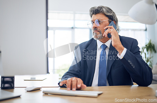 Image of Phone call, computer and mature business man reading negotiation report, planning and talking with insurance agent. Cellphone, network and person consulting about online info, bank advice of project