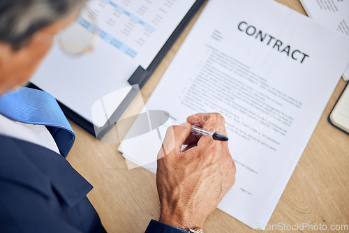 Image of Legal, contract and signature with businessman hand, pen and lawyer with document, paperwork or deal agreement. Business, offer and attorney signing professional policy, form or application of law