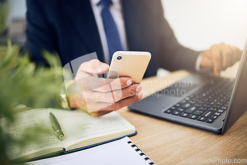 Image of Phone, laptop and a business person with internet for research, information technology or contact. Hands of a professional man with a smartphone and notebook for planning, schedule or communication