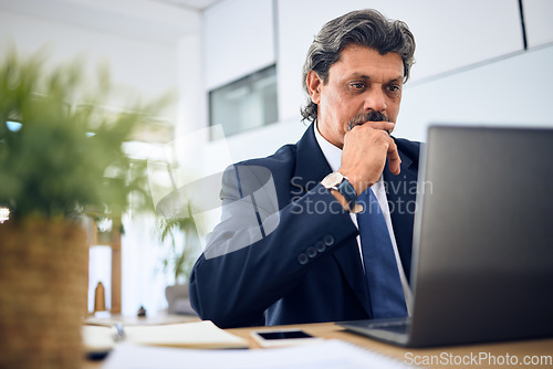 Image of Business, thinking and man with a laptop, solution and problem solving with connection, ideas and email. Person, employee or professional with a pc, technology and research for a project and analysis