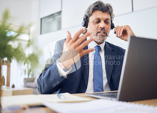 Image of Business man, call center and computer for consultant in communication, sales or virtual meeting. Corporate agent, financial advisor or manager speaking on laptop or video for work from home webinar