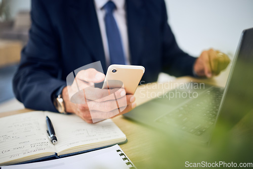 Image of Phone, typing and hand of a business person with internet for research, information technology or contact. Corporate man with smartphone, laptop and notebook for planning, schedule or communication