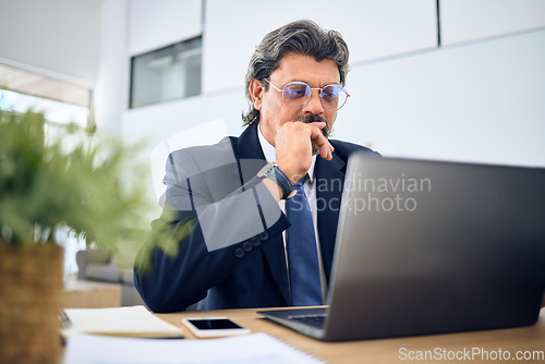 Image of Corporate, thinking and man with a laptop, ideas and problem solving with connection, data analysis and email. Person, accountant or professional with a pc, brainstorming and research with solutions