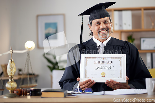 Image of Law, portrait and a mature graduate with a certificate from education achievement in an office. Smile, graduation and a lawyer or legal attorney with a diploma at work for career celebration
