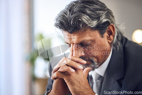 Image of Problem, stress and a businessman with a headache, burnout or work mistake. Tired, frustrated and a mature manager or employee with fatigue from a professional career with depression or debt risk