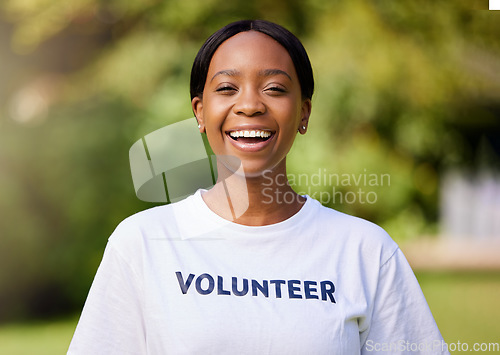 Image of Happy, park volunteer and portrait of a black woman for cleaning, community work and service. Smile, young and an African girl or charity worker in nature for waste management or social project