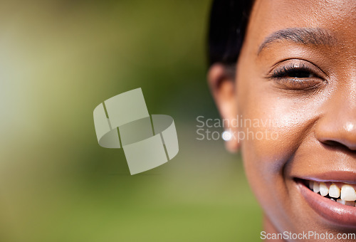 Image of Half face, smile and black woman in nature on mockup space outdoor. Portrait, happy and natural African person in summer garden, countryside and woods in closeup on holiday and vacation in Kenya