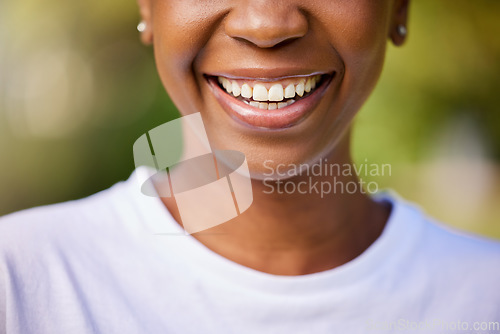 Image of Smile, closeup and mouth of a woman for dental health, oral hygiene and dentist results in nature. Beauty, wellness and lips or teeth of a person for whitening progress, healthcare or cleaning