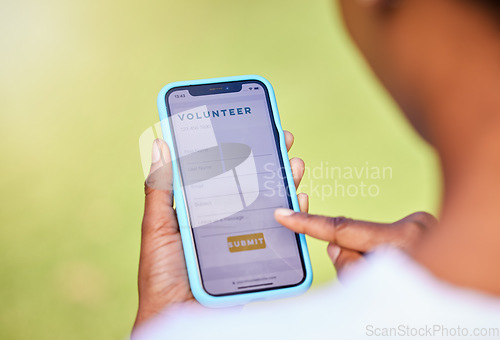 Image of Phone screen, volunteer digital application and hands, charity and NGO with help, donation and mobile app. Internet, paperless and person sign up, information and non profit organization with care