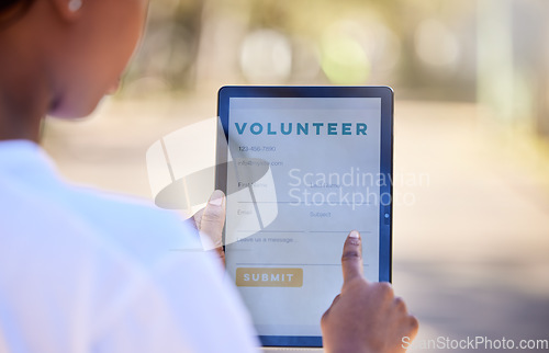 Image of Nature, woman and a tablet for volunteering registration, checklist or signup on a screen. Hands, environment and a volunteer with a digital app for participation in park cleaning and charity work