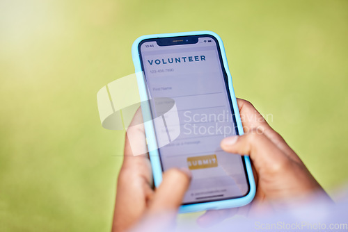 Image of Phone screen, volunteer and hands, register online for charity and NGO with help, donation and mobile app. Internet, digital application and person sign up, info and non profit organization with care