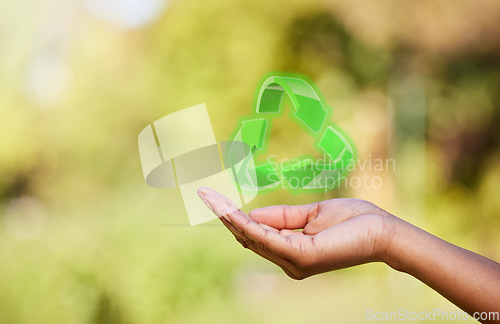 Image of Person, hand and recycle sign with hologram, carbon footprint and save the earth with sustainable waste management. Woman, holograph and eco friendly symbol for reduce, reuse and recycling process