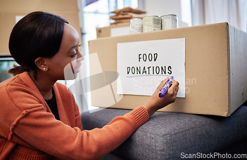 Image of Food, donation and charity with black woman and box for volunteer, helping and support. Grocery, community service and hope with person at home for ngo package, nonprofit and social responsibility