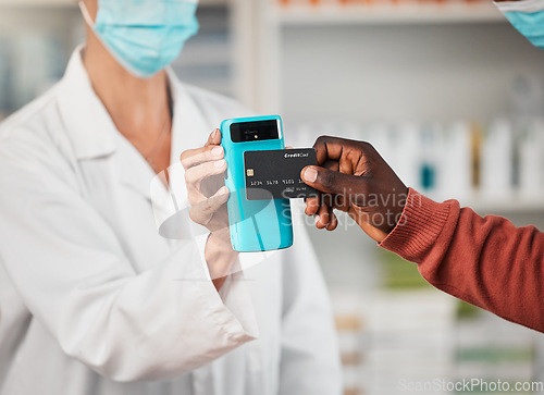 Image of Pharmacy, hands and credit card with pos, customer and face mask for safety with commerce for healthcare. Payment tap, machine and banking in store for medical product, budget or sales for wellness