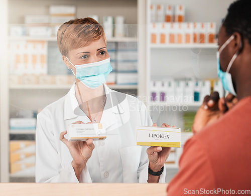 Image of Face mask, pharmacist and medicine pills choice for patient asthma, virus and breathing drugs. Woman, help and customer with medical product solution in pharmacy wellness sales, retail or healthcare