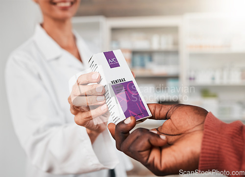 Image of Hands, pharmacist or patient with medicine box for asthma, inhaler or breathing support. Closeup person, help or customer with medical product for pharmacy wellness sales, retail or lungs healthcare