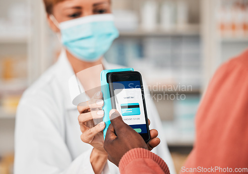 Image of Pharmacy, hands and phone for shopping, payment or customer in face mask, safety and commerce for healthcare. Smartphone, machine and banking application in store for medical product, budget or sales