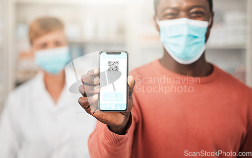 Image of Man, covid test results and phone screen in pharmacy, portrait and happy for health, face mask and app. African patient, doctor and smartphone for compliance, registration and stop virus with barcode