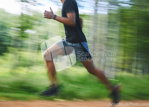 Image of Running, speed and blur of man in forest for marathon training, exercise and cardio workout. Sports, fitness and fast athlete in nature for wellness, healthy body and endurance for race or challenge