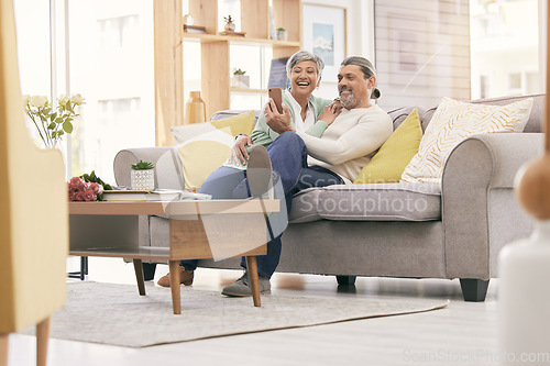 Image of Selfie, happy and mature couple on sofa with smile for social media post, profile picture and memories. Marriage, love and man and woman take photo in living room for bonding, relationship and relax