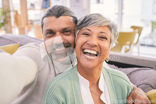 Image of Selfie, portrait and happy mature couple on sofa smile for social media post, profile picture or memory. Marriage, love and man and woman take photo in living room for bonding, relationship and relax