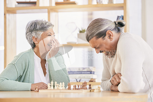 Image of Chess, laugh and senior couple play games for relaxing, bonding and spending time together at home. Marriage, retirement and happy man and woman enjoy board game for challenge, strategy and thinking