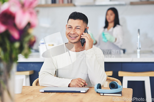 Image of Phone call, happy and man for remote work with laptop for communication, connection and contact. Working from home, small business and person on smartphone for conversation, talking and chatting