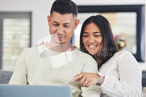 Image of Streaming, movie and couple with laptop and choice in home, living room or together watching tv, film or video on social media. Happy, people and relax on computer with online movies or comedy show