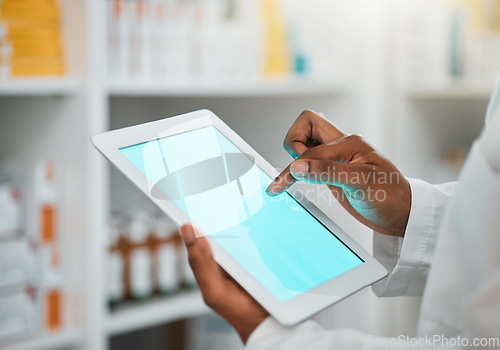 Image of Green screen, pharmacist or hands with tablet mockup space for inventory inspection or stock check at pharmacy. Closeup of medical website or healthcare worker with technology app display in clinic