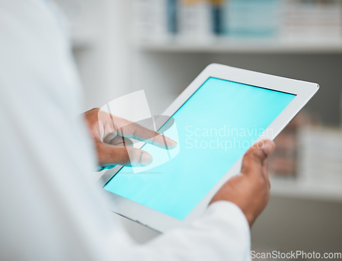 Image of Green screen, pharmacist or hands of man with tablet mockup space for inventory inspection or stock check. Closeup, medical website or healthcare worker typing on technology app display in pharmacy