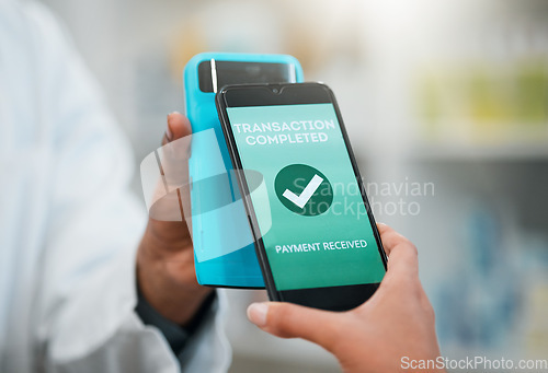 Image of Customer, phone and shopping with contactless pay at a shop with transaction for service with success. Future, technology and hand of a person with a smartphone and machine for payment at a pharmacy