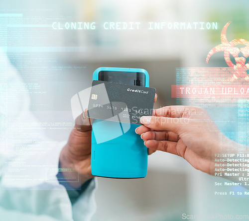 Image of Credit card, machine and doctor hands of health service, hacking information or cybersecurity software in pharmacy. Pharmacist or cashier in point of sale, data protection overlay and digital payment