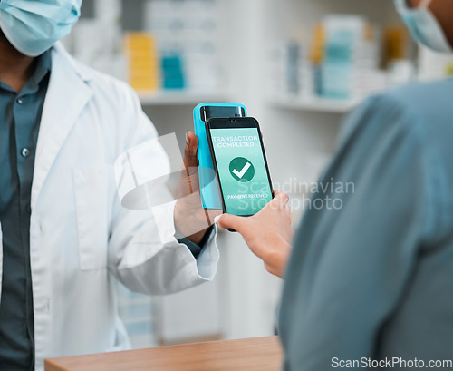 Image of Phone, contactless pay and a customer shopping at a shop and paying for service with success. Future, technology and hand of a person with a smartphone and machine for payment at a pharmacy counter