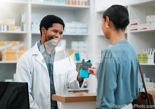 Image of People, pharmacy and credit card machine for healthcare POS, medical or fintech payment and customer service. Pharmacist or doctor with online point of sale for medicine product and debit transaction