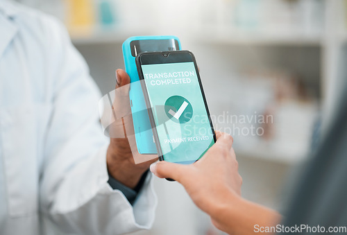 Image of Contactless pay, phone and a customer shopping at a shop and paying for service with success check. Future, technology and hand of a person with a smartphone and machine for payment at a pharmacy