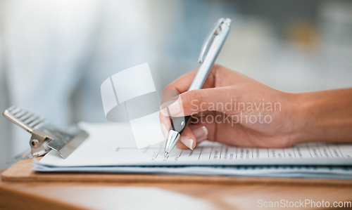 Image of Hands of woman with clipboard, medical insurance and information at counter for script medicine. Paperwork, writing and signature, patient at pharmacist with application for pharmaceutical healthcare