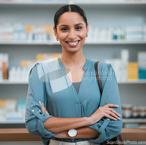 Image of Woman, portrait and pharmacy, arms crossed and patient in store for pharmaceutical drugs with prescription. Healthcare, face and happy with confidence, medical with insurance and shopping for pills