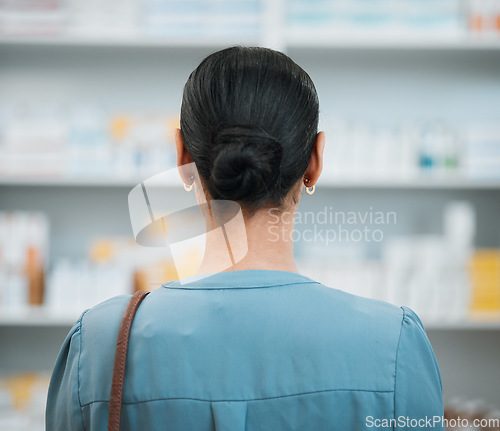 Image of Back, woman and patient in pharmacy, drugs and health with prescription and customer with pill choice. Healthcare, medicine and pharmaceutical medication with shopping, treatment and medical service