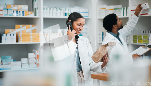 Image of Phone call, pharmacy and woman with order for medicine, prescription and medication collection service. Healthcare, medical care and happy pharmacist talking for telehealth, consultation and package