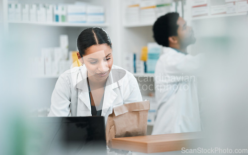 Image of Pharmacist, people and paper bag for medicine, stock inventory and retail management by help desk. Medical worker or doctor in pharmacy, drugs or product packaging for customer service in healthcare
