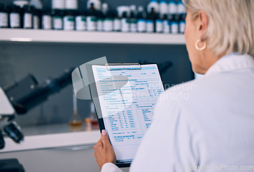 Image of Science, woman in laboratory and checklist with results, inventory list and pharmaceutical study data. Chemical research, drugs and scientist in lab with clipboard, medical notes and analysis info.