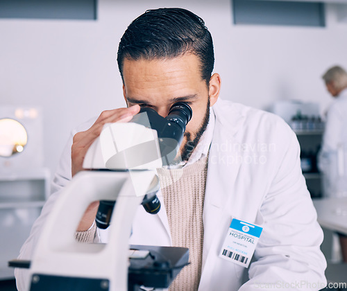 Image of Science man, microscope and test in lab, medical analysis and pharma job for molecules, particles or bacteria. Scientist, research and thinking for vision, studying virus or pharmaceutical innovation