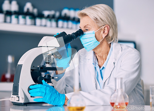 Image of Microscope, senior woman and science research with testing for a pharmaceutical or lab study. Chemistry, biometric and molecule analytics equipment for healthcare solution and check in a hospital