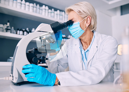 Image of Science woman, microscope and covid in lab for medical research, molecules or particles of bacteria at pharma job. Mature female scientist and vision with studying virus for pharmaceutical innovation