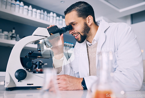 Image of Science man, microscope and research lab for medical analysis, molecules or particles of bacteria at pharma job. Scientist, smile and thinking with vision, studying virus or pharmaceutical innovation