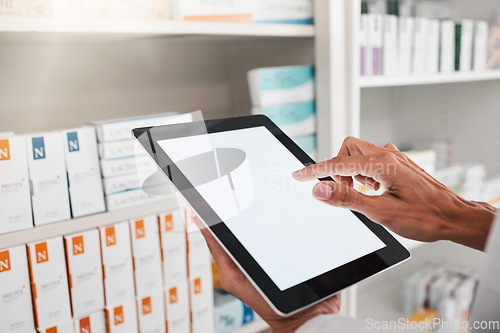 Image of Person, pharmacist and hands with tablet mockup for inventory inspection or checking stock at pharmacy. Closeup of medical or healthcare worker with technology app display or screen in pharmaceutical