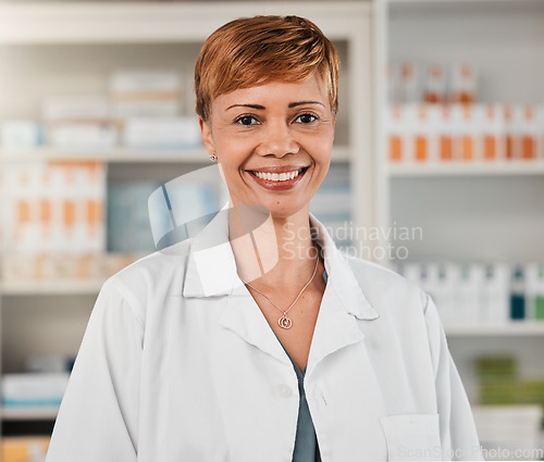 Image of Happy woman, portrait and pharmacist smile in healthcare advice, pharmaceutical or medical help at drugstore. Female person, doctor or worker in happiness or confidence at pharmacy with medication