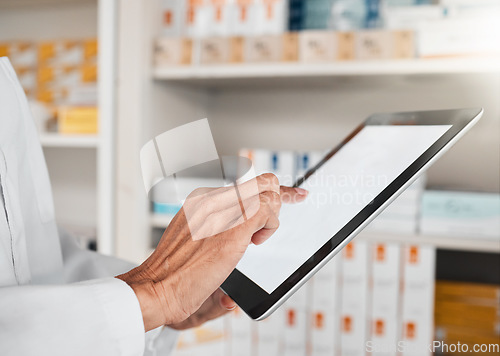 Image of Person, pharmacist and hands with tablet screen for inventory inspection or checking stock at pharmacy. Closeup of medical or healthcare worker with technology app display or mockup in pharmaceutical