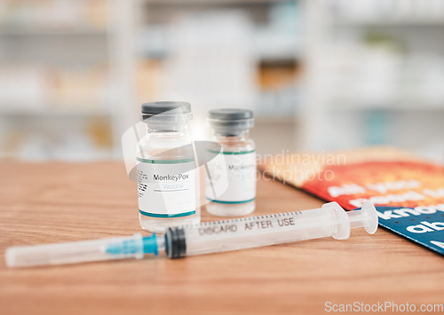 Image of Pharmacy, syringe and vial of vaccine for cure, medication or monkeypox in healthcare on table. Drugs, needle and pharmaceutical product on desk for vaccination, flu shot or equipment at the clinic