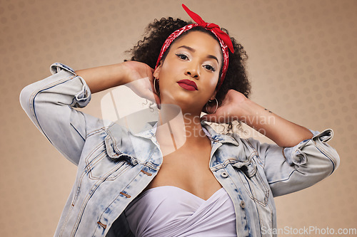 Image of Fashion, punk and portrait of woman with hipster style isolated in a studio brown background feeling confident. Proud, cool and young creative person with funky clothing and beauty as a designer